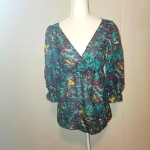 LOFT Teal Purple Yellow Blue Abstract Floral V-Neck Tunic Blouse Medium M EUC